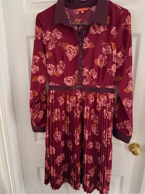 Modcloth Burgundy Floral Pleated Shirt Dress with Pink & Mustard Accents